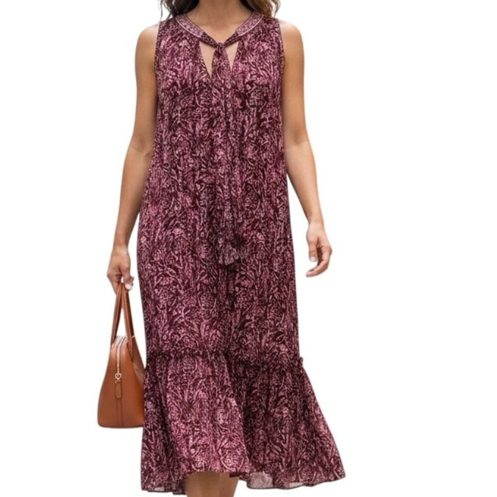 WHBM Swing Dress Womens Medium Berry Plum Print Tiered Tie Neck Boho Beachy